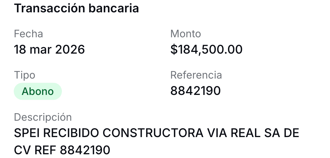 Excerpt from a link's detail: a $184,500.00 SPEI deposit on March 18, with its reference and bank description.