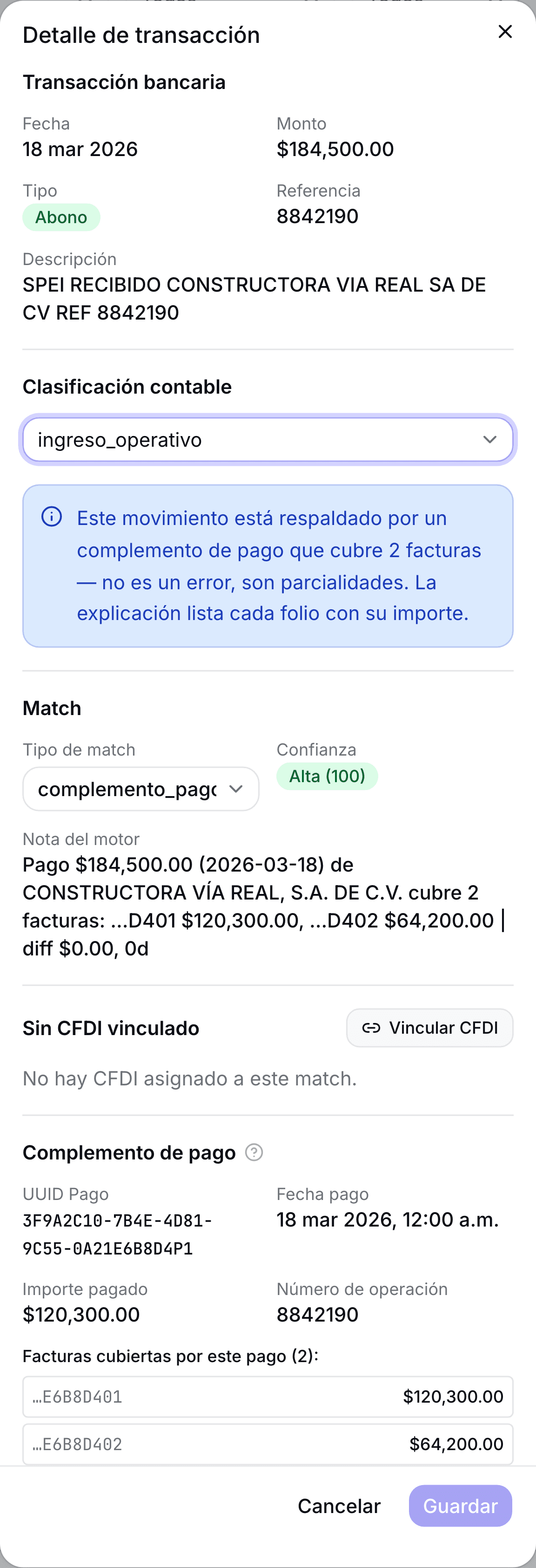 Detalle de una propuesta: el movimiento bancario, las facturas que saldaría, sus folios fiscales y el desglose del monto.