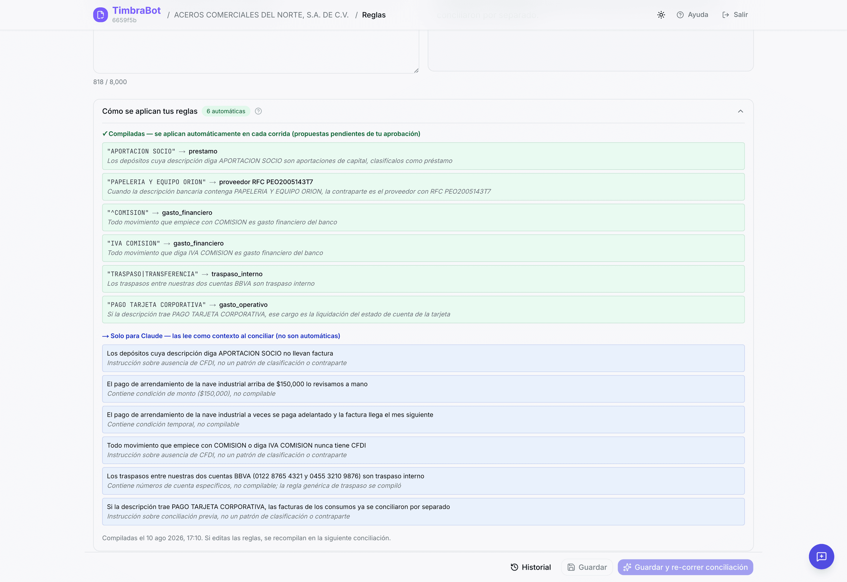 Editor de reglas del despacho: reglas escritas en español corrido dentro de un campo de texto, junto a su estado compilado.