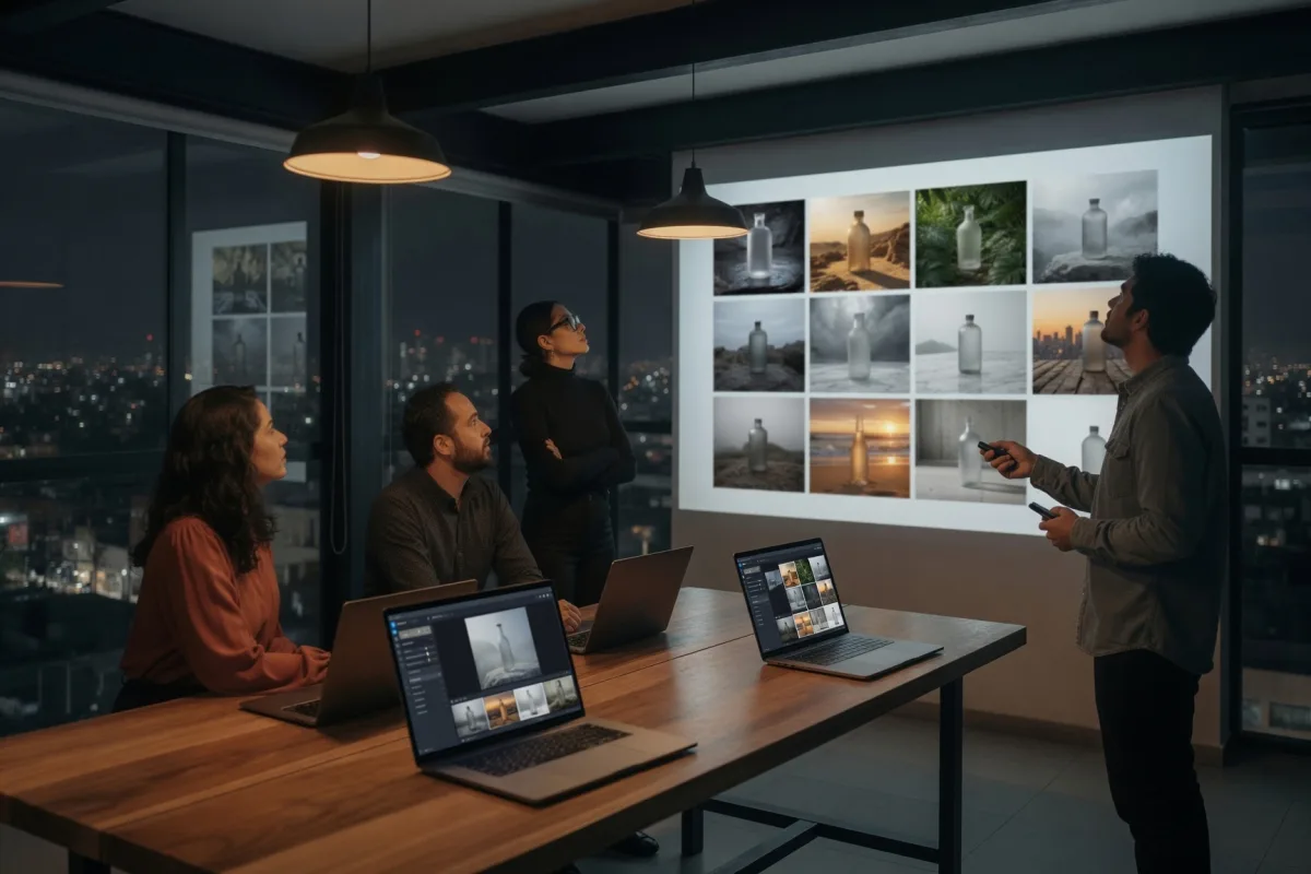 Marketing team in front of a large display showing twelve AI-generated variations of the same product photograph