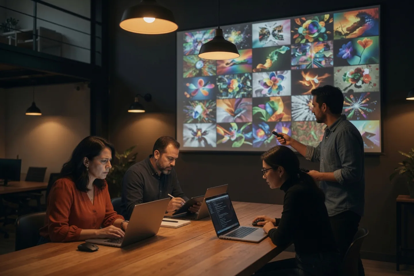 Team in a generative-AI workshop in front of a display of generated images