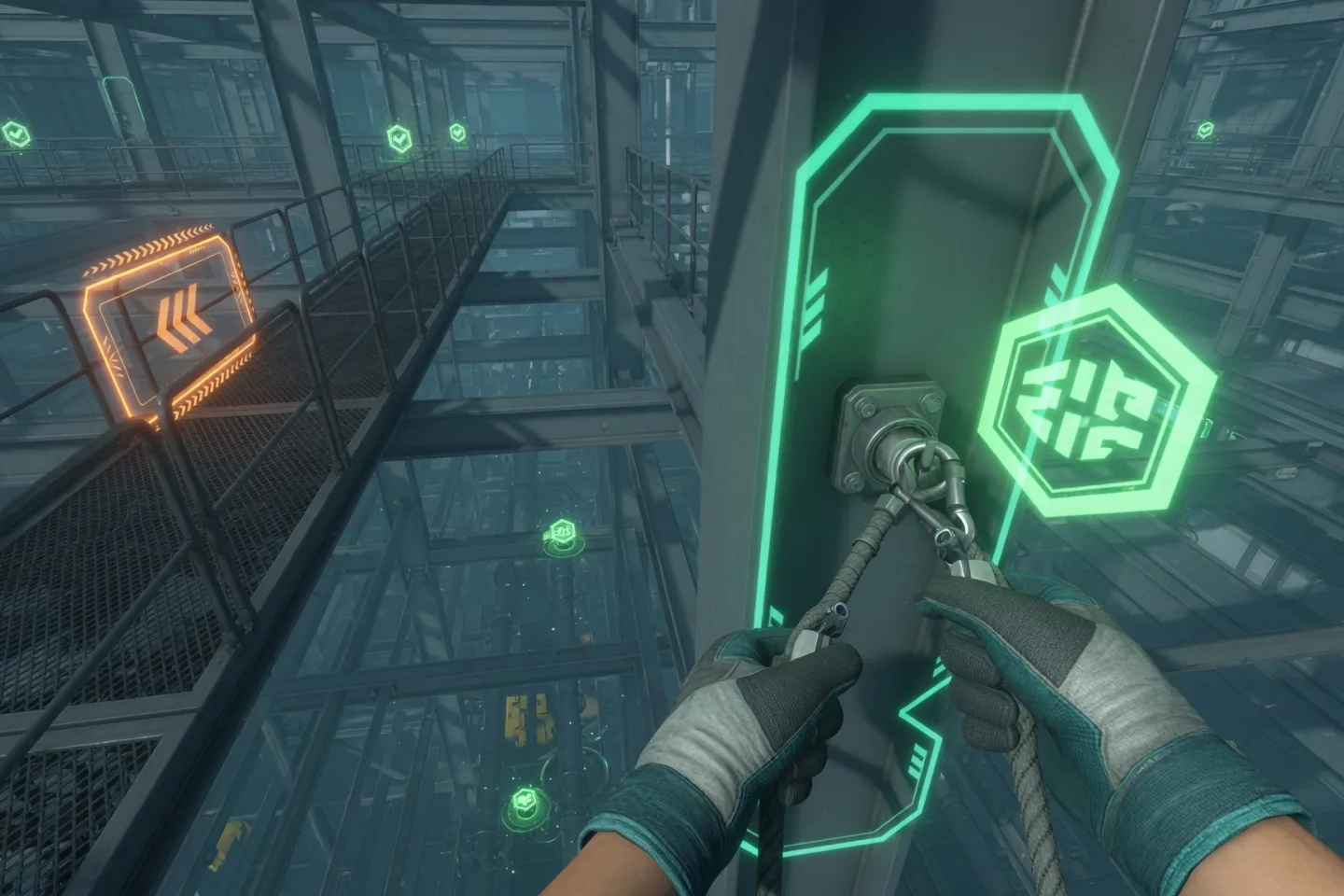 First-person view of the simulator: anchoring the harness at a point highlighted by the interface