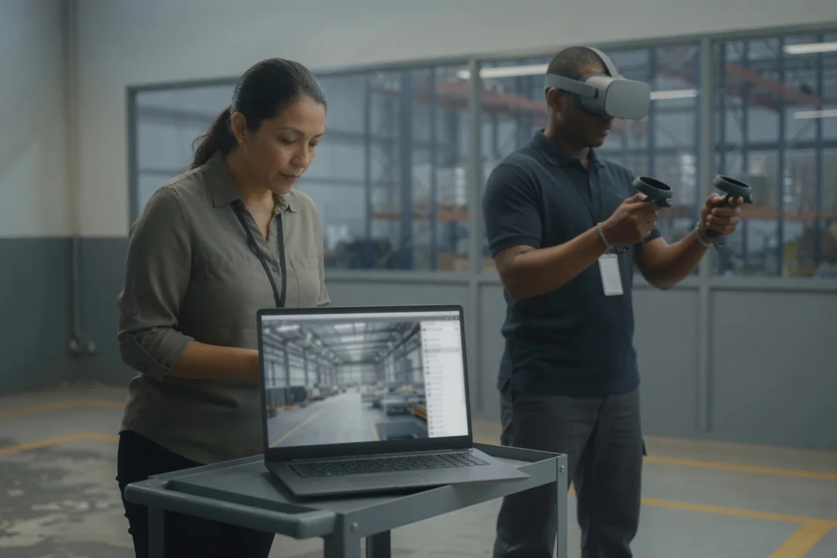 A training supervisor follows a VR session on a laptop while an operator in a headset practices a procedure in an industrial training room